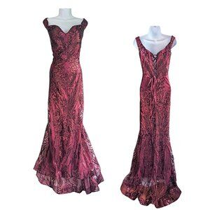 Burgundy Semi-Sheer Illusion Corset Bodice Formal Pageant Gown w/ Train Size 14